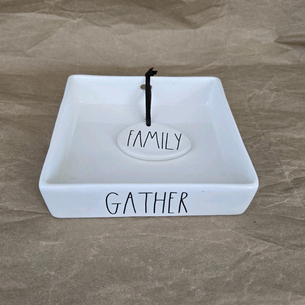 Rae Dunn Artisan Square Napkin Holder "GATHER" W/ Weighted "FAMILY" Medallion